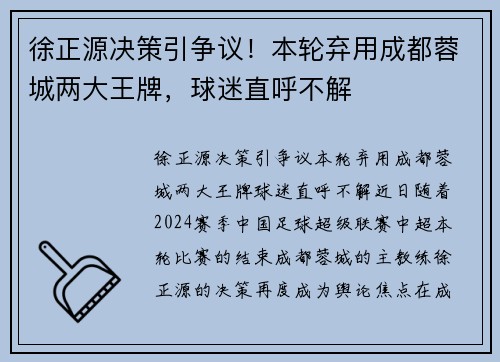 徐正源决策引争议！本轮弃用成都蓉城两大王牌，球迷直呼不解