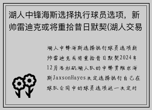 湖人中锋海斯选择执行球员选项，新帅雷迪克或将重拾昔日默契(湖人交易雷迪克)